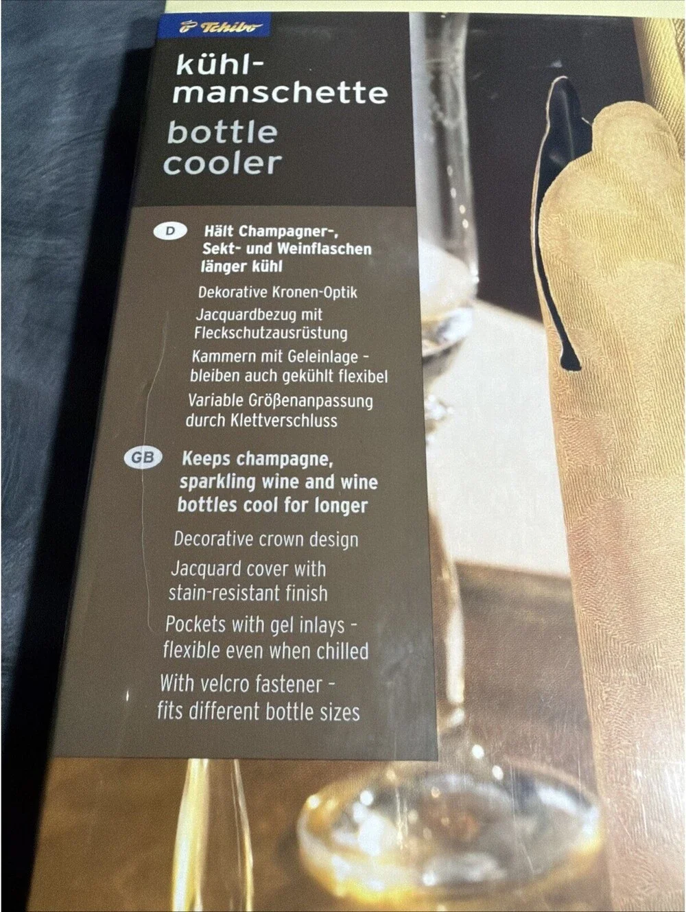Tchibo Champagne Wine Bottle Cooler Sleeve Gold Crown Design NEW Sealed
